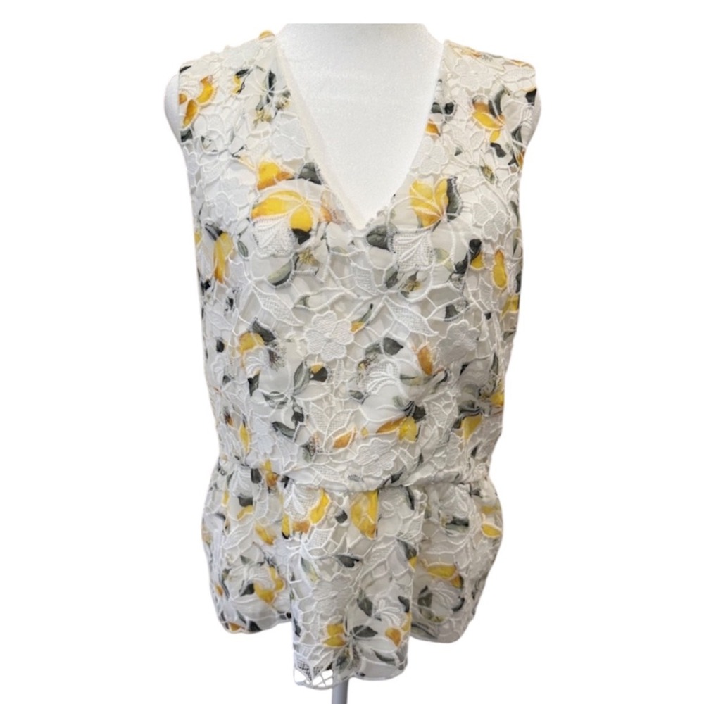 White House Black Market Lemon Lace Peplum Top Yellow White Floral V-Neck 10